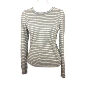 J Crew Women's S 100% Cashmere Pullover Sweater Grey White Stripe Crew Neck